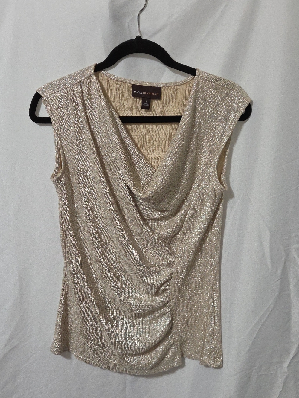 Metallic Champagne Sleeveless Cowl Neck Top, Size Small, Flattering, Like New